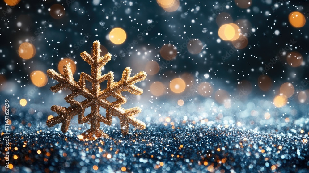 Poster golden snowflake shining on glittering background during snowfall