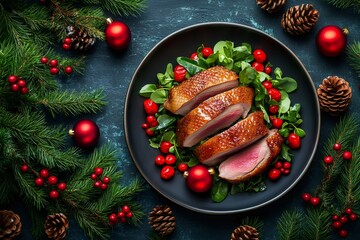 Christmas roasted duck breast with festive decoration on a dark background