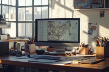 Modern engineering desk with computer displaying architectural designs in bright sunlight. Generative AI
