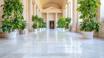 Fototapeta premium Symmetrical hallway with white marble floors, classical columns, and potted green plants leading to a vaulted ceiling corridor.