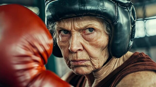 Determined elderly woman in boxing gear ready to fight in the ring, showcasing strength and passion for sport