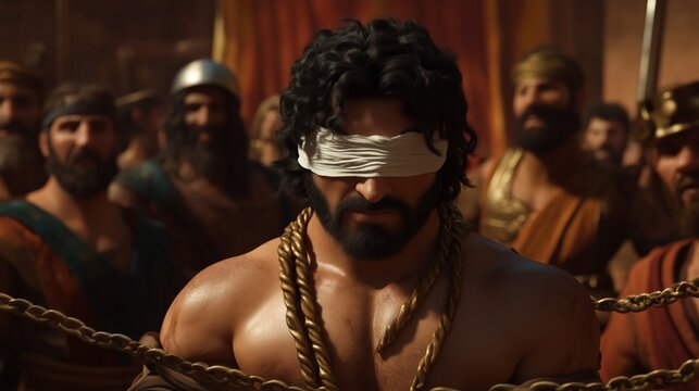 The philistines look at Samson. Samson is blind folded with a white rag.