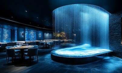 Luxurious restaurant interior with a cascading waterfall feature over a central pool.  Dining area with tables, chairs, and elegant decor.