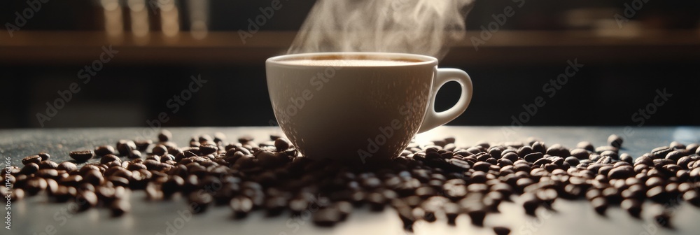 Leinwandbilder Close up of steaming coffee cup surrounded by coffee beans on a table with ample copy space ready for text. Generative AI