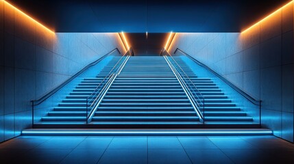 Obraz premium Illuminated stairway with neon blue and orange lights.