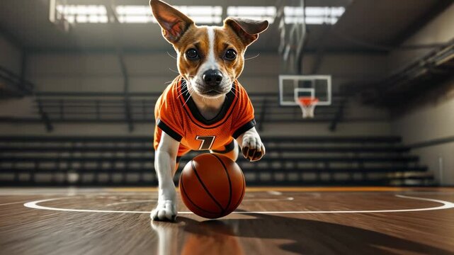 Energetic jack russell terrier in basketball jersey dribbling ball on indoor court for sport concept