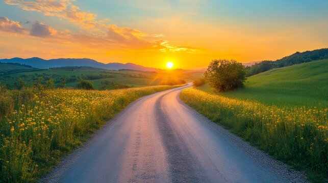 Winding country road leading into the sunset over rolling hills and fields of flowers
