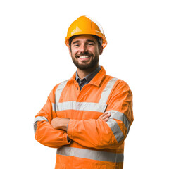 Smiling engineer man or construction worker with safety helmet in construction site on transparent background PNG