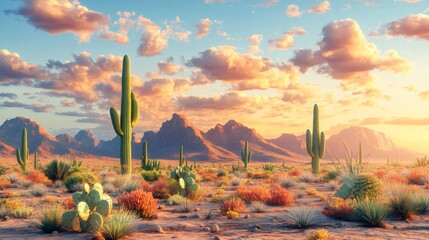 Stunning sunset illuminating cacti in the arizona desert landscape