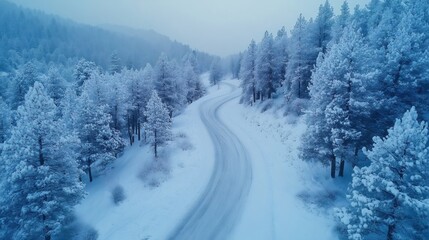 Obraz premium Winding snowy road through a frosty winter wonderland