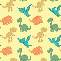 pattern yellow t-rex, green brontosaurus, orange triceratops,blue pterodactyl, children's cartoon