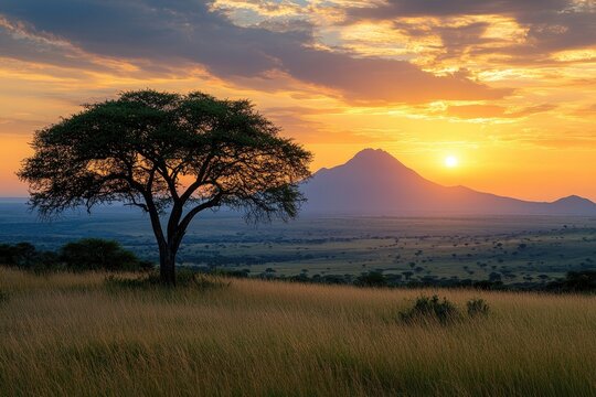 Lonely acacia tree dominating the african savanna at sunset with kilimanjaro in the background