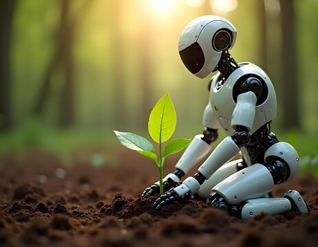 A futuristic robot planting a green sapling, blending technology with nature.