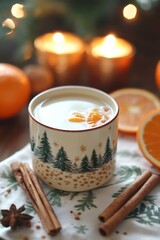 Christmas eggnog with cinnamon, orange and festive decoration warming on a table