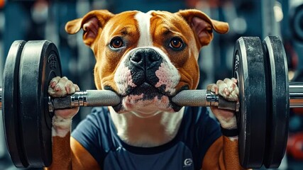 Determined dog lifting dumbbell at gym in athletic gear, concept of sport