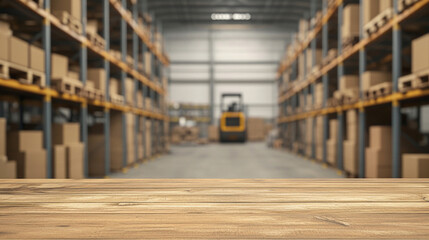 warehouse with high racks and loader. Layout with space for text and advertising. warehouse of goods in the background.