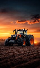 Fototapeta premium Modern Tractor Operating on Farm Field During Stunning Sunset with Dramatic Skies and Vibrant Colors