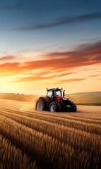 Obraz premium Tractor Working on Golden Wheat Field at Sunrise with Vibrant Sky and Distant Hills