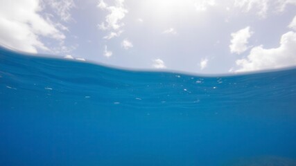 Blue ocean water with patches of sunlight filtering through clouds, showcasing underwater coral reef and marine life, sky, underwater, coral reef