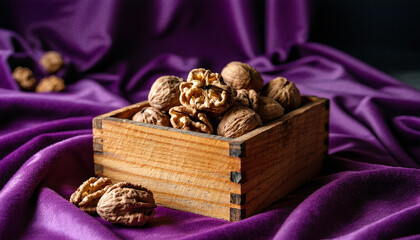 Walnuts in wooden basket on purple background