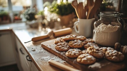 Freshly baked cookies cooling on a kitchen countertop surrounded by baking ingredients and utensils. Generative AI