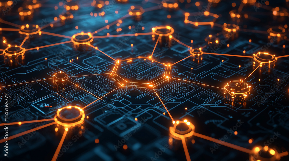 Poster abstract image depicting a network of interconnected nodes on a circuit board, symbolizing data flow