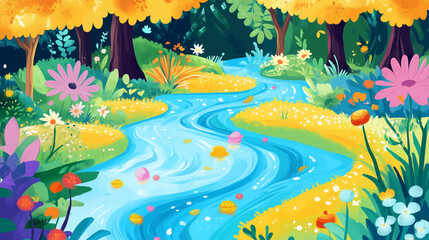 Playful Sparkling Stream in a Fantasy Forest for Children&rsquo;s Book Illustration