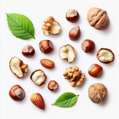 Assorted nuts and leaves on white background.