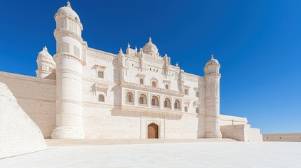 Obraz premium Majestic white stone palace facade with grand arches and domes under a clear blue sky.