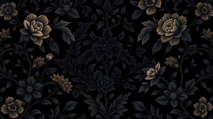 Luxurious black charcoal floral wallpaper pattern with intricate botanical design, rich, black, wallpaper