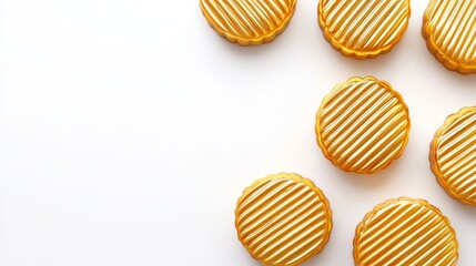 Fototapeta premium Glazed golden mooncakes with artistic etchings, placed on a plain white surface, ideal for Asian dessert-themed visuals