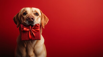dog holds gift box