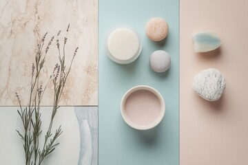 Spa products arranged on a pastel background with lavender