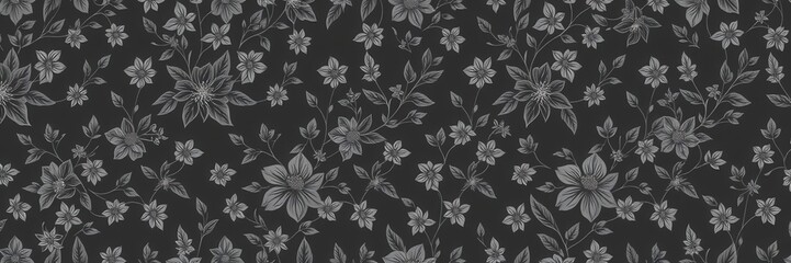 Seamless charcoal small floral wallpaper pattern with delicate blooms and foliage, charcoal, seamless, design