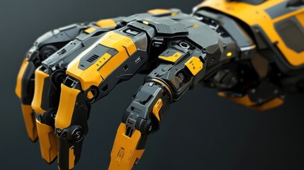 Fototapeta premium Close-up of a robotic hand with yellow and black details against a dark background.