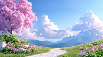 Fototapeta premium Winding path runs through a green spring meadow with a blooming pink cherry blossom tree and distant mountains.