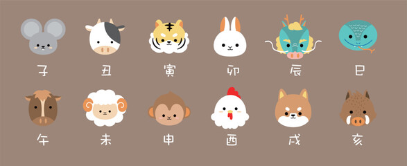 かわいい干支の顔のイラストセット