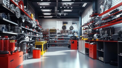 A well-stocked auto parts store with shelves full of various car parts, tools and equipment.