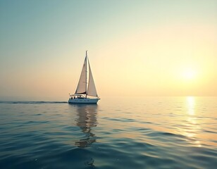 a sailboat is sailing on the water with the sun setting behind it.