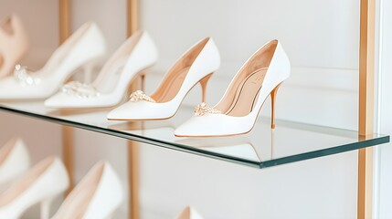 Minimalist bridal shop display, modern bridal shoes and rings on glass shelves, soft blush lighting, warm tones, delicate textures, inviting feel