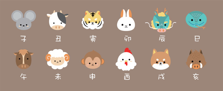かわいい干支の顔のイラストセット