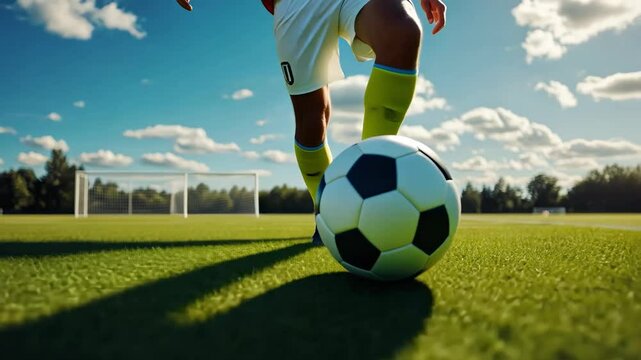 Dynamic soccer player dribbling a ball on sunny field in sports action concept