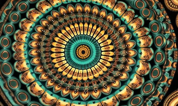 Intricate Teal and Gold Mandala: A Kaleidoscope of Pattern and Symmetry