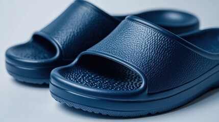 Classic men&rsquo;s rubber sandals in navy blue, anti-slip soles, close-up 