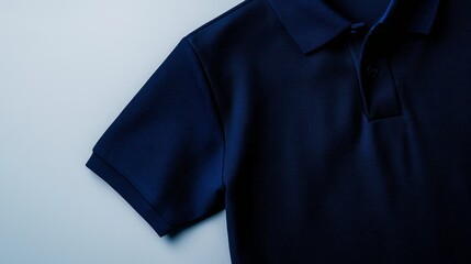 Sleek dark blue polo shirt, blank front view, modern cut, on a clean white background, ideal for logo or text placement, versatile mockup for designs