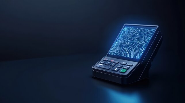 Sophisticated payment terminal with glowing digital screen displaying electronic circuit patterns in dark setting