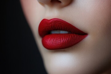 Close up of red lipstick on a womans lips