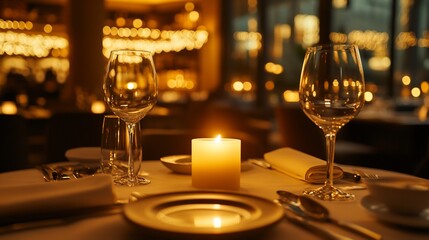 Romantic candlelit dinner table setting for two in elegant restaurant.