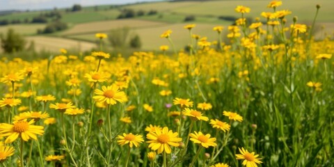 Vibrant yellow daffodil flowers swaying in a vast field under clear blue skies, fresh, landscape