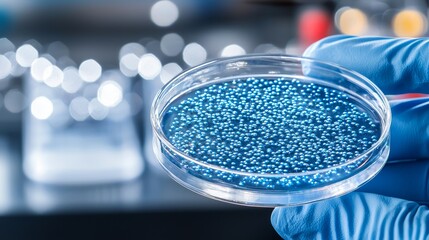 Close-up of a Petri dish showcasing intricate blue microorganisms, held by a gloved hand with a subtle laboratory blur in the backdrop